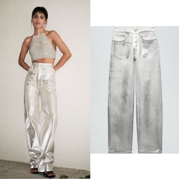 NWT ZARA MID WAIST LOOSE FOIL JEANS in silver - Picture 1 of 17